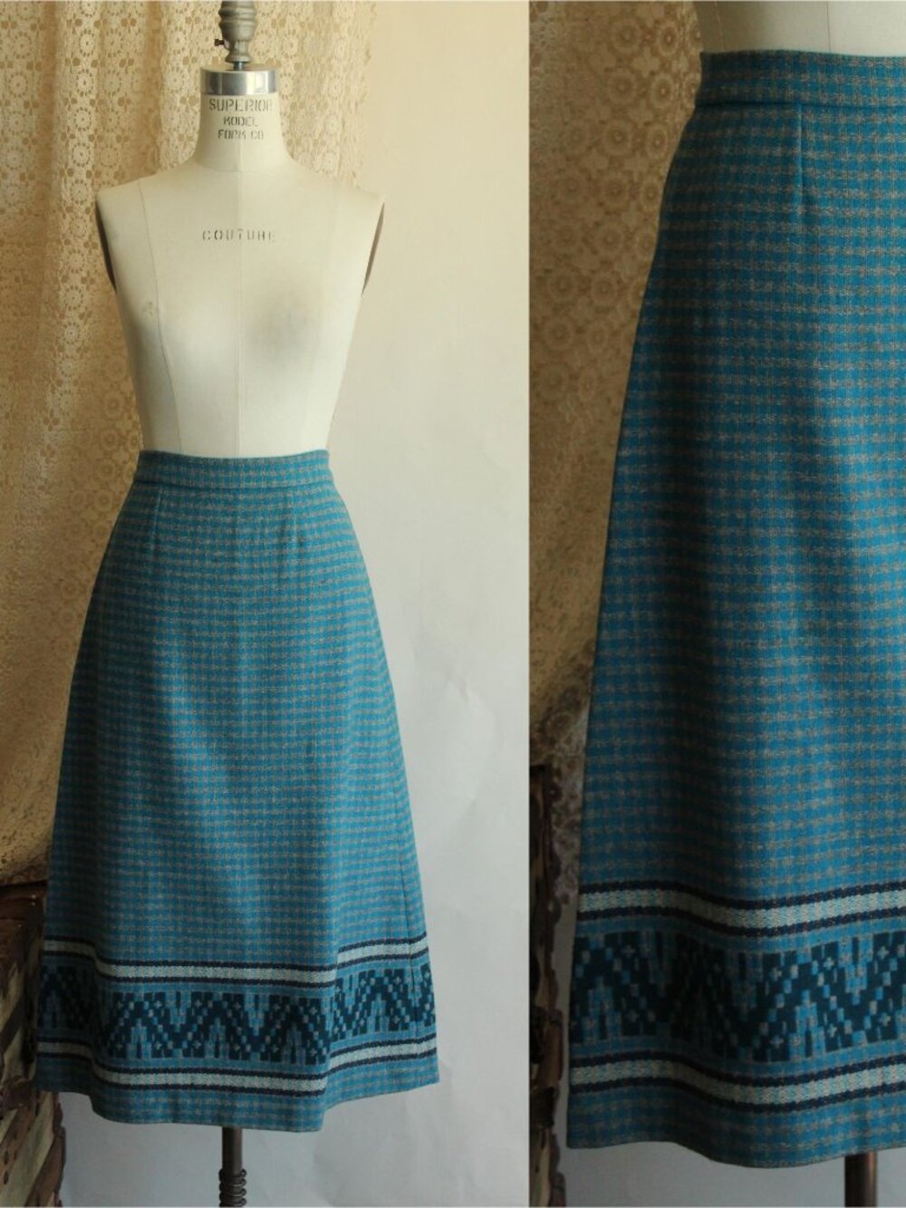 Vintage 1950s Skirt, Blue and Gray Wool A Line with Geometric Border, Tea Length